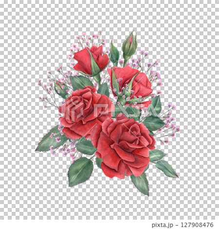 Watercolor illustration of bouquet with red roses and pink gypsophila isolated background. Hand painted realistic botanical roses illustration for wedding invitations, romantic gifts, home decor Watercolor illustration of bouquet with red roses and pink gypsophila isolated background. Hand painted realistic botanical roses illustration for wedding invitations, romantic gifts, home decor 127908476