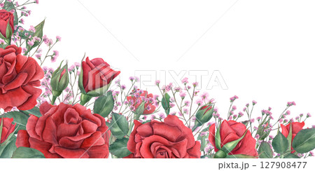 Watercolor floral rectangular frame with red roses, pink gypsophila and green leaves with blank space for text. Floral illustration for wedding invitation, certificate, romantic card and announcement. Watercolor floral rectangular frame with red roses, pink gypsophila and green leaves with blank space for text. Floral illustration for wedding invitation, certificate, romantic card and announcement. 127908477