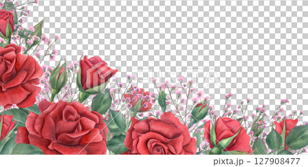 Watercolor floral rectangular frame with red roses, pink gypsophila and green leaves with blank space for text. Floral illustration for wedding invitation, certificate, romantic card and announcement. Watercolor floral rectangular frame with red roses, pink gypsophila and green leaves with blank space for text. Floral illustration for wedding invitation, certificate, romantic card and announcement. 127908477