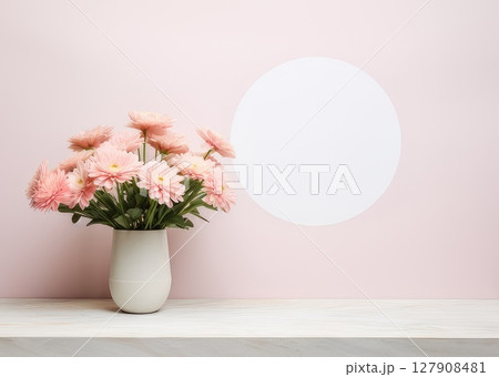 A vase of pink flowers sits on a table by a pink wall. AI-generated content. 127908481