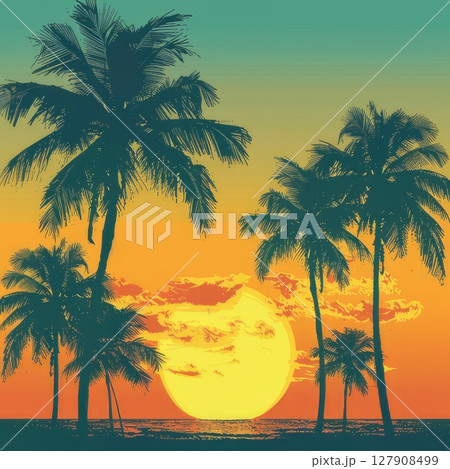 Stunning pixel art of a sunset with palm trees in the foreground. AI-generated content. Stunning pixel art of a sunset with palm trees in the foreground. AI-generated content. 127908499