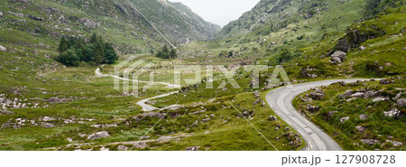 Emerald hillsides embrace a narrow asphalt road, creating a mesmerizing journey through Ireland's heart. 127908728