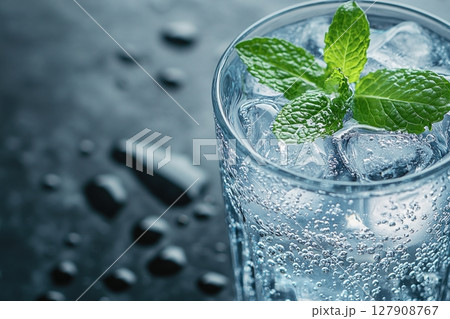 a glass of iced beverage with mint leaves 127908767