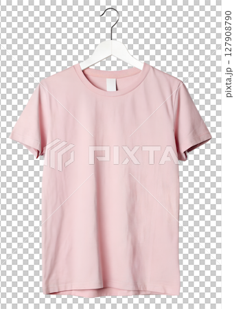 Isolated pink t-shirt on hanger, ready-to-wear casual top, studio shot, neutral apparel for mockup or catalog Isolated pink t-shirt on hanger, ready-to-wear casual top, studio shot, neutral apparel for mockup or catalog 127908790