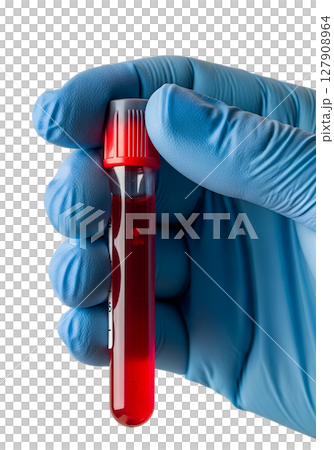 Blood sample in test tube held in hand isolated on transparent background, medical lab concept 127908964