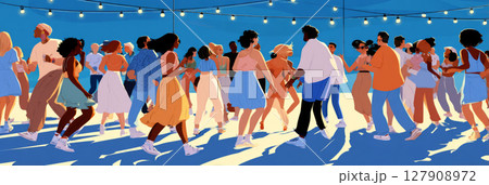 A vibrant crowd fills the outdoor space as people dance joyfully beneath twinkling string lights, embracing the fun atmosphere of a summer music festival, banner 127908972