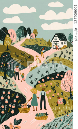 Groups of individuals are joyfully collecting berries in a lively rural landscape, surrounded by colorful flowers and a charming farmhouse under a clear sky 127909001