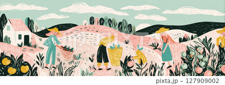 Groups of friends enjoy a sunny day in the countryside, collecting ripe berries while walking along a picturesque path lined with colorful plants and trees, banner Groups of friends enjoy a sunny day in the countryside, collecting ripe berries while walking along a picturesque path lined with colorful plants and trees, banner 127909002