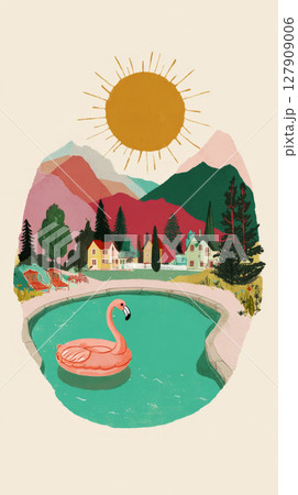 A bright inflatable water pool sits in a sunny backyard, featuring a colorful flamingo float. Lush greenery and distant mountains create a serene outdoor atmosphere perfect for relaxation 127909006