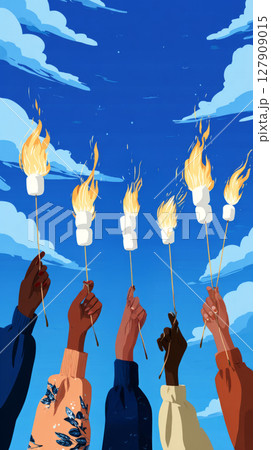 Enjoying the warm glow of a campfire, hands hold sticks with golden-brown marshmallows as friends share laughter and stories during a cozy night outdoors under a beautiful sky 127909015