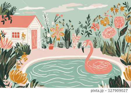 Bright inflatable water pool sits in a backyard filled with flowers, featuring a playful flamingo. This cheerful setting is illuminated by the warm sun, ideal for summer relaxation 127909027