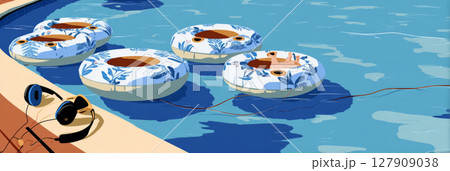 Colorful pool rings drift in a clear blue pool on a bright summer day, alongside scattered sunglasses, inviting relaxation and leisure in a vibrant atmosphere, banner 127909038
