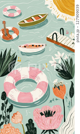 Colorful float rings drift in calm water surrounded by flowers, a sun shines overhead, and leisure objects hint at a fun, relaxing summer day by the lake 127909039