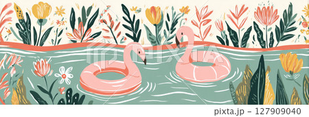 Vibrant depiction of a calm river flowing through a garden filled with diverse flowers and a retro boombox relaxing among the greenery on a sunny summer day, banner 127909040