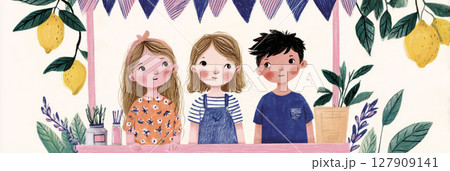 Three children smile behind a colorful lemonade stand adorned with lemons and greenery, enjoying a bright, sunny day while happily serving their refreshing drinks, banner 127909141
