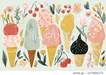 A variety of ice cream cones in different flavors and colors are displayed in a playful outdoor environment filled with plants and a light blue sky 127909173
