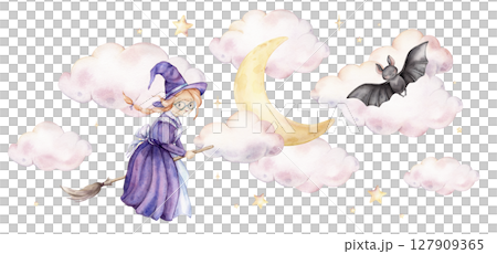 Watercolor hand drawn illustration of the magic fairy and cute black bat for Halloween on clouds with stars and moon. Pastel witch with red hair on a broomstick for kids greeting cards or other design 127909365