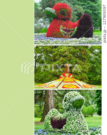 Floral figures of ducks and a peacock with luxurious flowers on the island of Mainau, Germany. Collage. Free space for text. 127909397