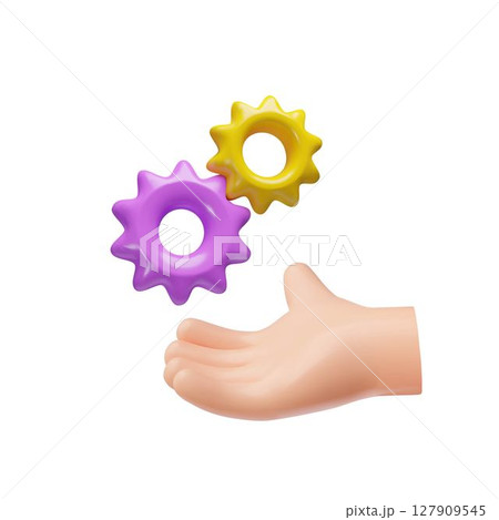 3D vector of hand holding two gears in purple and yellow. 127909545