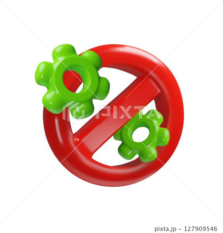 3d icon of red prohibitory symbol with green gears. 3d icon of red prohibitory symbol with green gears. 127909546