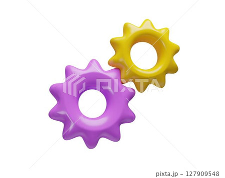 Vector 3D gear mechanism icon with purple and yellow cog. Vector 3D gear mechanism icon with purple and yellow cog. 127909548