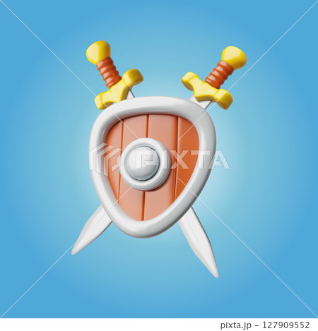 Protective medieval knight shield with two swords 3D cartoon plastic style vector, game armor ammunition and weapon 127909552