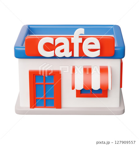 3d cafe. Bright red and blue building with sign and awning. Front view. 127909557