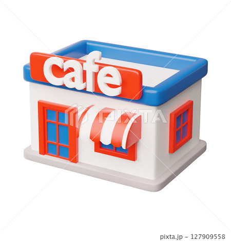 3D street Cafe, Coffee and snacks shop, vector facade with striped canopy, signboard, fast food restaurant building 127909558