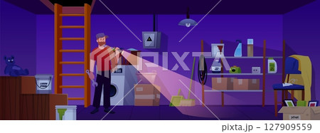 Man with flashlight in dark basement room, vector flat storage home cellar with wooden stairs, shelves, washing machine 127909559