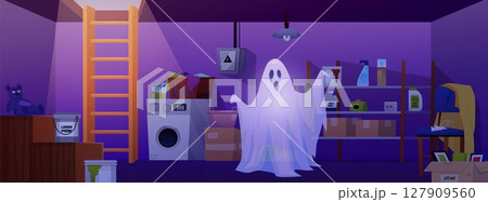 Dark basement room interior with ghost, phantom, vector flat storage home cellar with wooden stairs, shelves, laundry 127909560