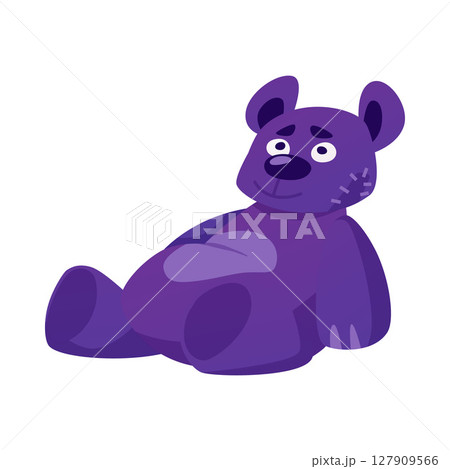 Old teddy bear with patches, cartoon animal doll, lonely thrown sad plush bear toy sitting vector flat illustration 127909566