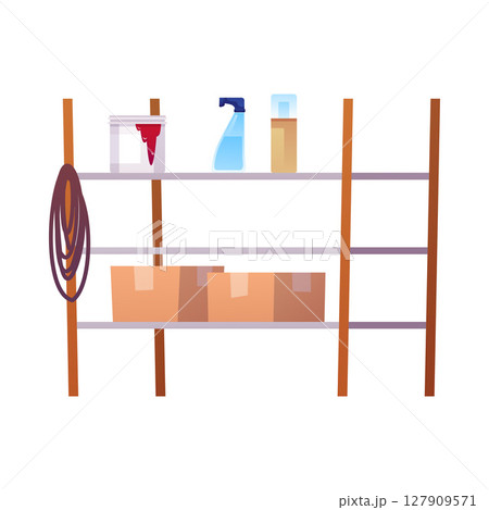 Cupboard, cabinet with stuff, vector flat icon, steel shelves, basement, garage storage or warehouse closet furniture Cupboard, cabinet with stuff, vector flat icon, steel shelves, basement, garage storage or warehouse closet furniture 127909571