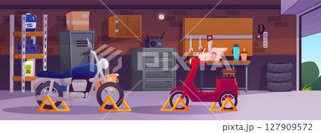 Garage interior with motorcycle and moped, storage room with auto and repair equipment vector cartoon illustration 127909572