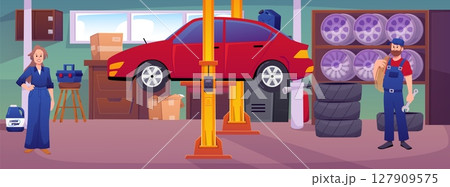 Garage interior with car on lifting mechanism and repairman, auto mechanic, repair equipment vector flat illustration 127909575