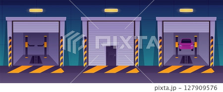 Car repair garage vector interior, three cabins with a lifting mechanism and an inspection pit for maintenance service Car repair garage vector interior, three cabins with a lifting mechanism and an inspection pit for maintenance service 127909576