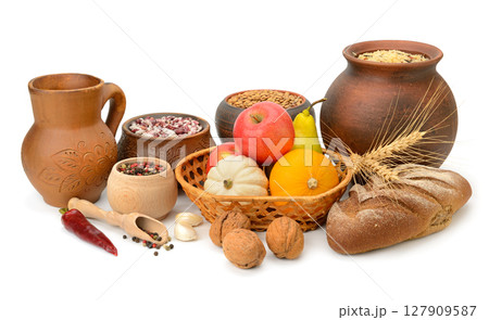Collection of healthy and tasty products: vegetables, fruits, bread, rice and others isolated on white 127909587