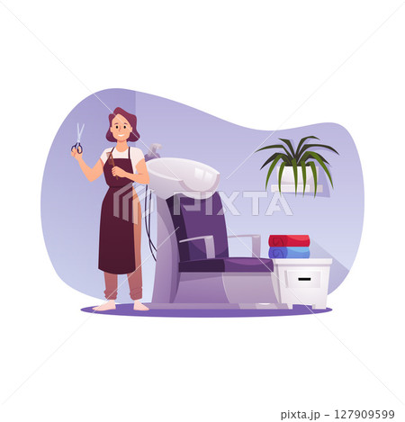 Hairdresser holds scissors and a comb in hairdressing salon vector flat illustration, cartoon beauty salon interior Hairdresser holds scissors and a comb in hairdressing salon vector flat illustration, cartoon beauty salon interior 127909599