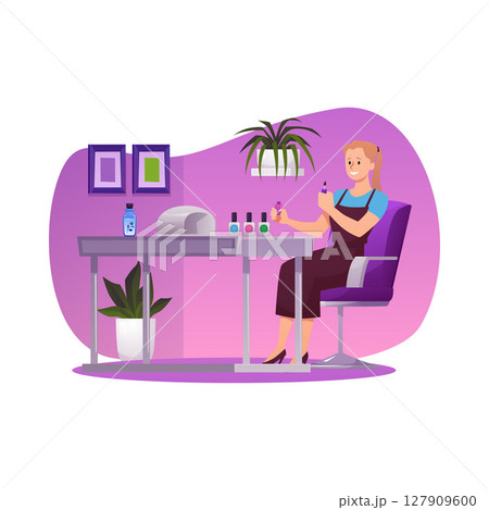 Manicurist in apron with nail polish in nail salon, cartoon beauty service vector flat illustration in decorative frame Manicurist in apron with nail polish in nail salon, cartoon beauty service vector flat illustration in decorative frame 127909600