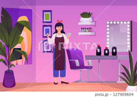 Make-up artist, stylist working in Beauty salon vector flat illustration, cartoon fashion stylish studio pink interior 127909604