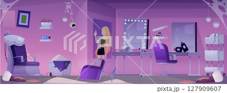 Abandoned beauty salon, damage fashion studio pink interior, destroyed nail and hairdressing service vector illustration 127909607