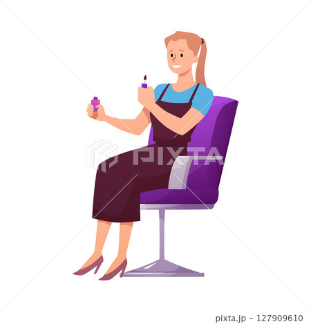 Manicurist in apron with nail polish, beauty nail salon, vector flat illustration isolated, cartoon fashion service 127909610