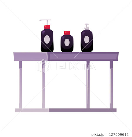 Bottles and dispenser on the table, shampoo, hair gel, lotion, vector flat decorative and spa cosmetics packages 127909612
