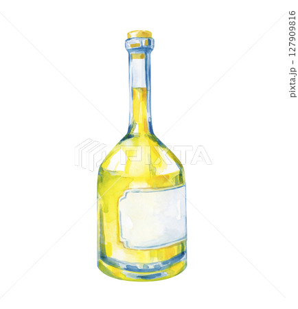 Watercolor illustration of a Limoncello bottle, hand-drawn on a white background. A template with alcoholic citrus liqueur. Isolated. Clipart. 127909816