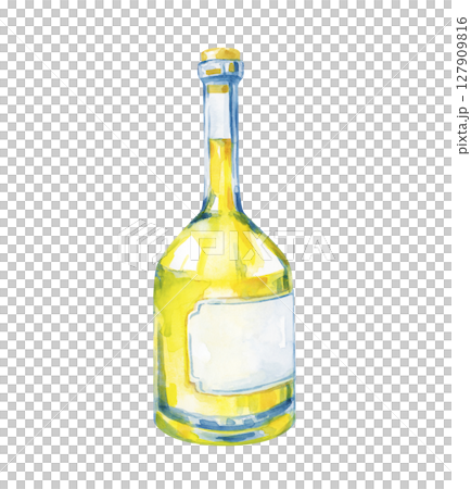 Watercolor illustration of a Limoncello bottle, hand-drawn on a white background. A template with alcoholic citrus liqueur. Isolated. Clipart. 127909816