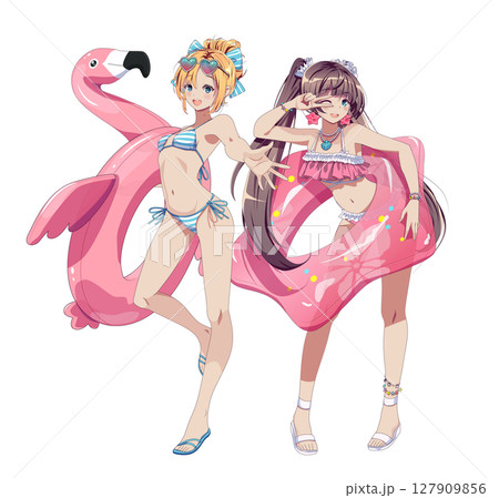 Anime girls with inflatable pool toys and swimwear Anime girls with inflatable pool toys and swimwear 127909856