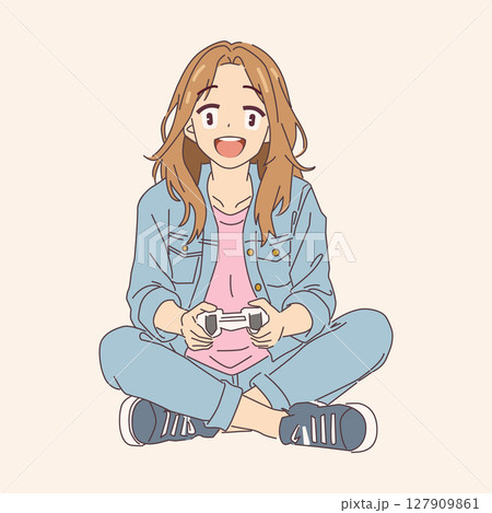 Animated Young Woman Enjoying Video Gaming 127909861