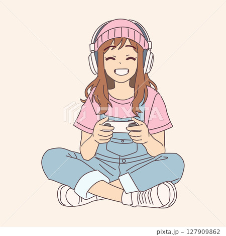 Happy girl gaming with headphones illustration 127909862