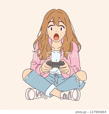 Surprised Young Woman Playing Video Games 127909864