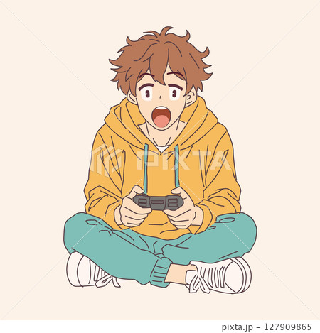 Excited Boy Playing Video Game Illustrative Art 127909865