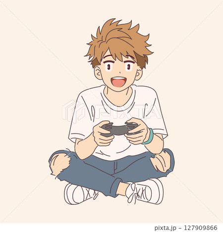 Cheerful Young Boy Playing Video Games Illustration 127909866